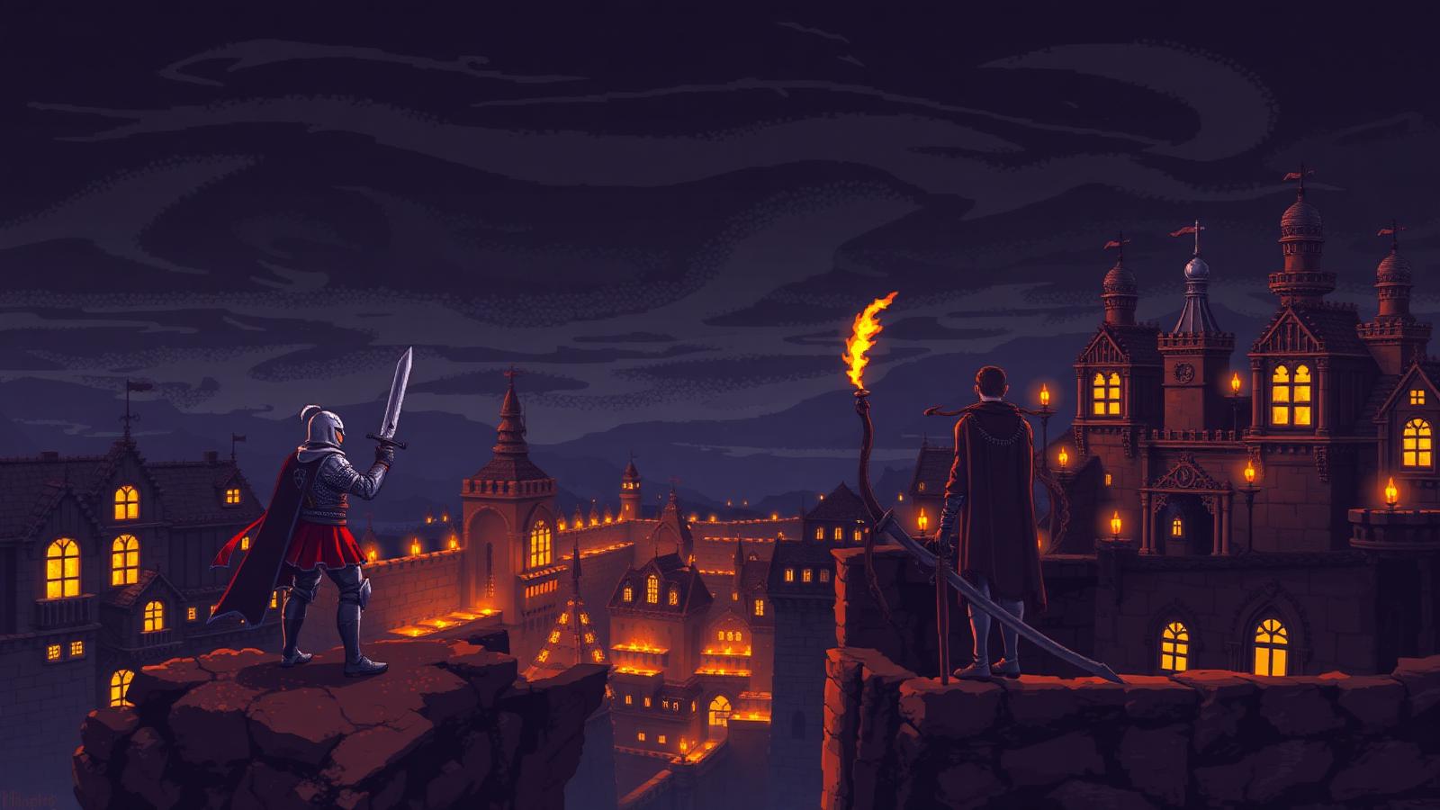 Cavaleiro e mago em pixel art olhando a cidade medieval iluminada de Tibinha ao anoitecer